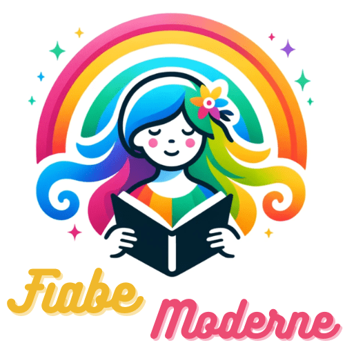 Logo Fiabe Moderne con una ragazza che legge un libro sotto un arcobaleno colorato, con stelle intorno.